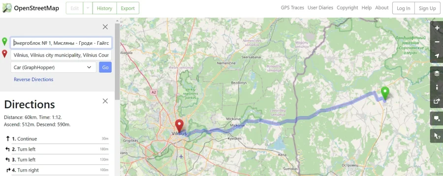 60-km car route from Ostrovets to Vilnius
